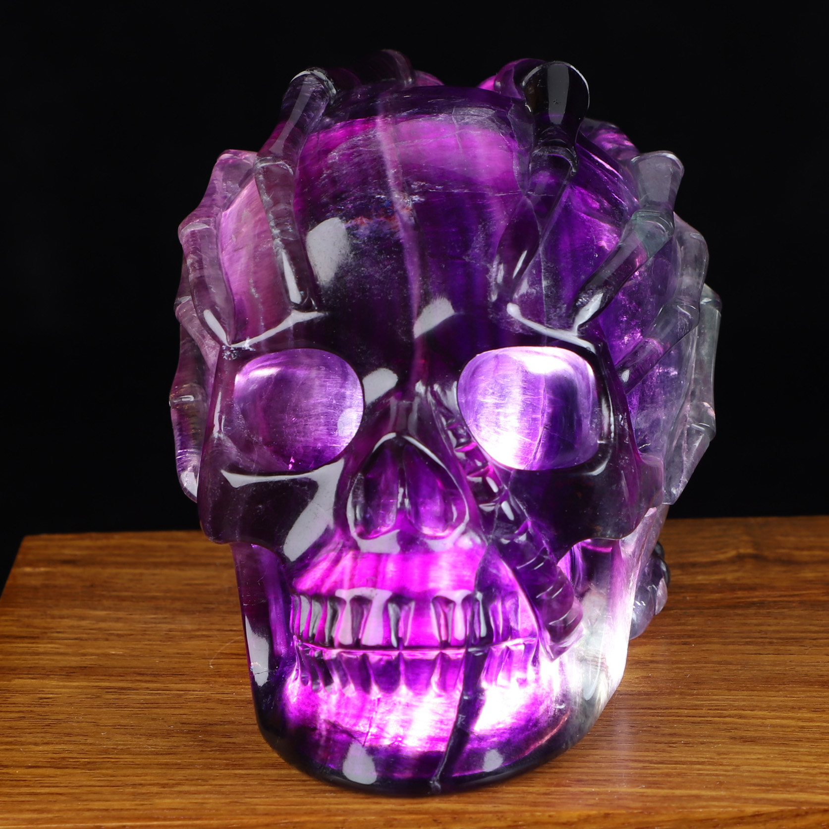 5.0" Fluorite Hand Carved Hollow Crystal Skull and Facehugger Sculpture Lamp/Light with Led Stand, Crystal Healing