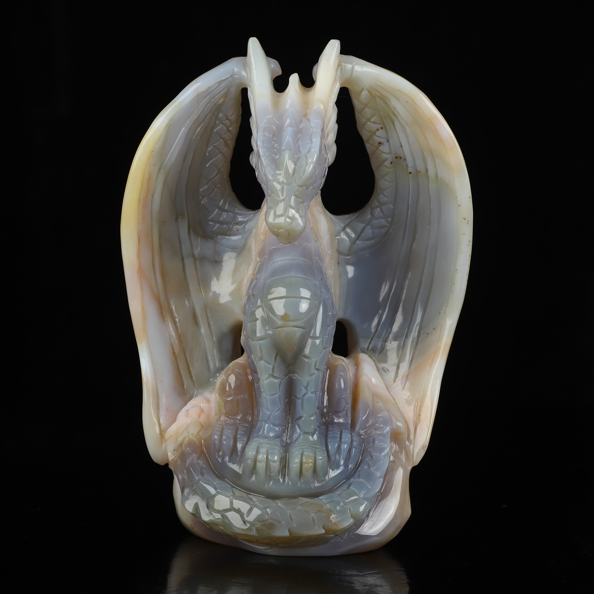 5.1" Premium Brazilian Agate Hand Carved Crystal Dragon Fine Art Sculpture, Crystal Healing