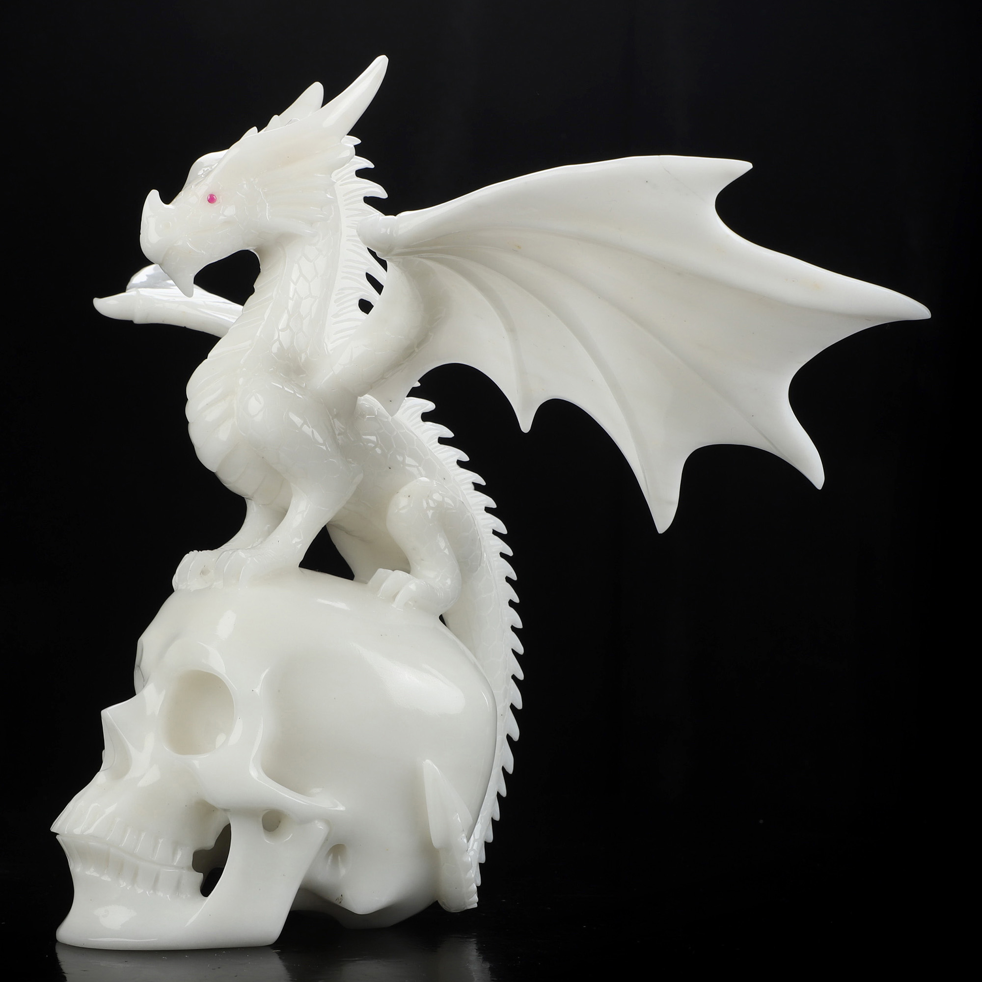 11.6" White Jade Hand Carved Crystal Skull and Dragon, Detachable Wings, Fine Art Sculpture, Crystal Healing