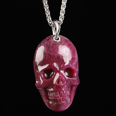 Necklace of 1.5" Ruby Hand Carved Crystal Skull Pendant, Skull Jewelry