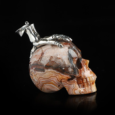Gemstone Necklace of 1.4" Red Crazy Lace Agate Hand Carved Crystal Skull Pendant, Skull Jewelry