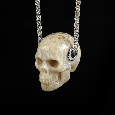 Necklace of 1.1" Coral Fossil Hand Carved Crystal Skull Pendant, Skull Jewelry