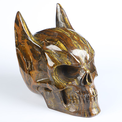 5.1" Tiger Iron Eye Hand Carved Batman Crystal Skull Fine Art Sculpture, Crystal Healing
