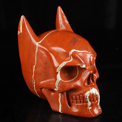5.0" Red Jasper Hand Carved Batman Crystal Skull Fine Art Sculpture, Crystal Healing