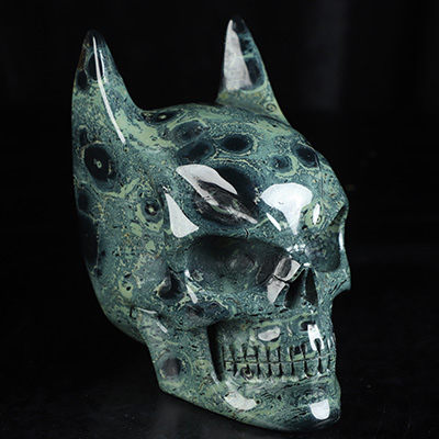 5.1" Kambaba Jasper Hand Carved Batman Crystal Skull Fine Art Sculpture, Crystal Healing