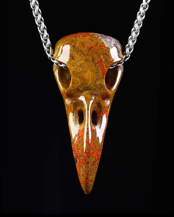 Night Pathfinder - 2.3" Red Desert Agate Hand Carved Crystal Raven Skull Pendant, Crystal Healing Skull Jewelry, for Women & Men