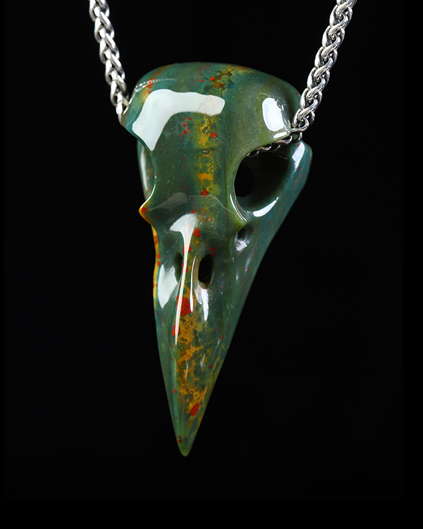 Night Pathfinder - Necklace of 2.3" Bloodstone Hand Carved Crystal Skull Pendant, Skull Jewelry