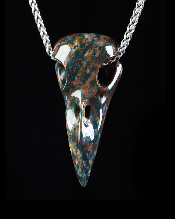 Night Pathfinder - Necklace of 2.3" Bloodstone Hand Carved Crystal Skull Pendant, Skull Jewelry