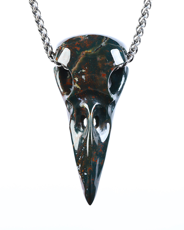 Night Pathfinder - Necklace of 2.3" Bloodstone Hand Carved Crystal Raven Skull Pendant, Skull Jewelry