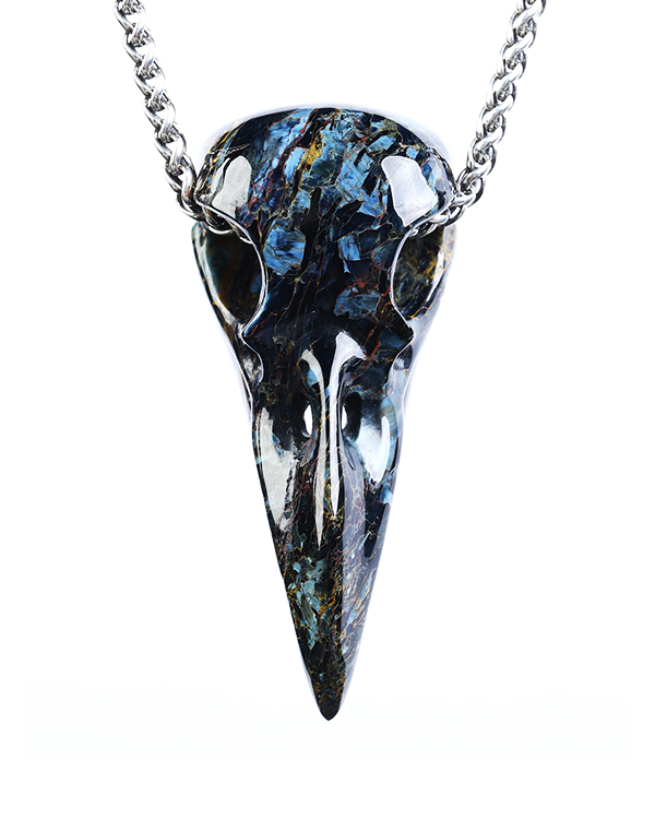 Night Pathfinder - Necklace of 2.3" Pietersite Hand Carved Crystal Raven Skull Pendant, Skull Jewelry
