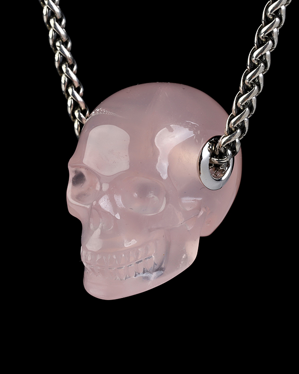 Necklace of 1.1" Rose Quartz Hand Carved Crystal Skull Pendant, Skull Jewelry