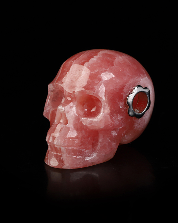 Necklace of 0.9" Rhodochrosite Hand Carved Crystal Skull Pendant, Skull Jewelry