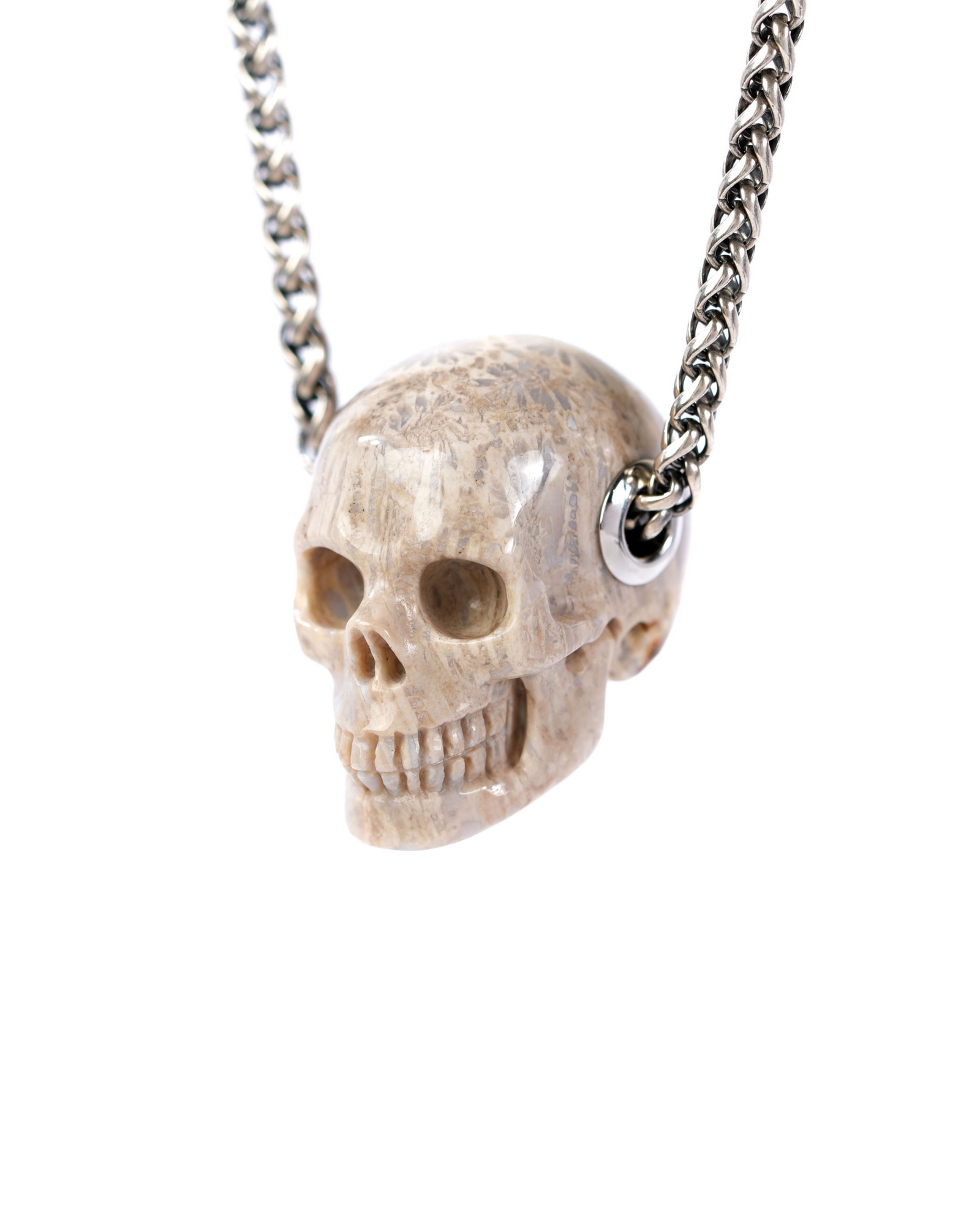 Necklace of 1.1" Coral Fossil Hand Carved Crystal Skull Pendant, Skull Jewelry