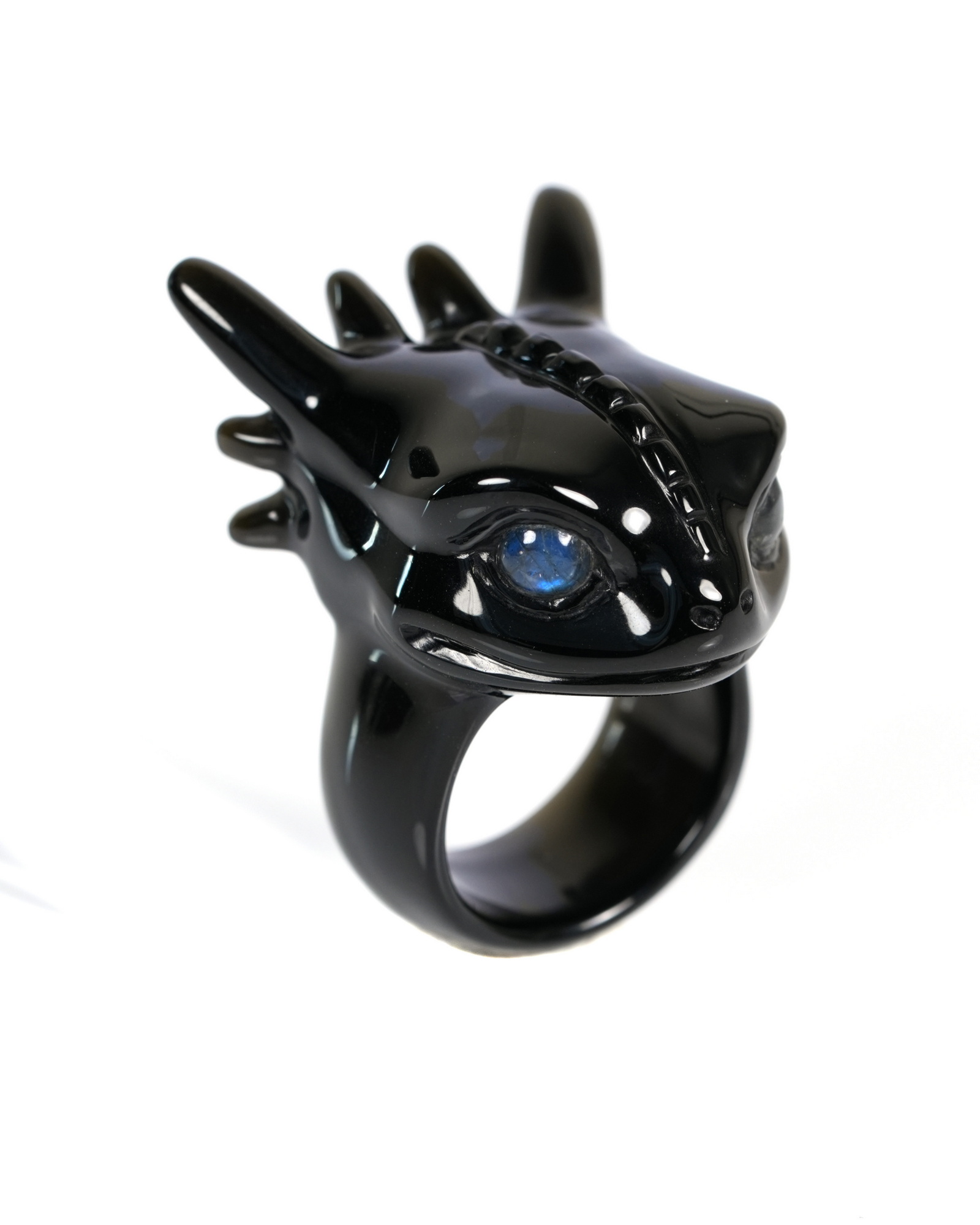 Skullis Black Obsidian Carved Toothless Dragon with Labradorite eyes, US size 10, Skull Jewelry