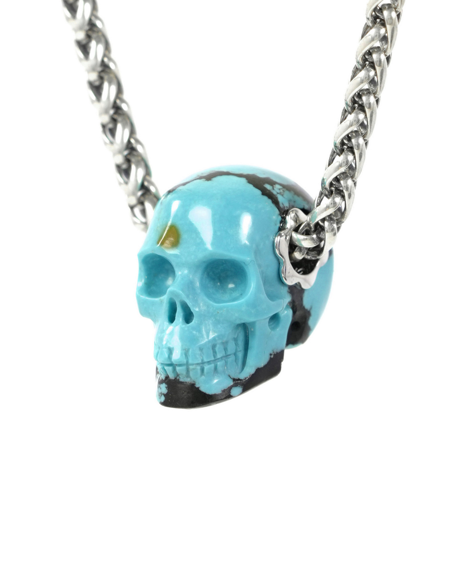Gemstone Necklace of 0.7" Turquoise Hand Carved Crystal Skull Pendant, Skull Jewelry