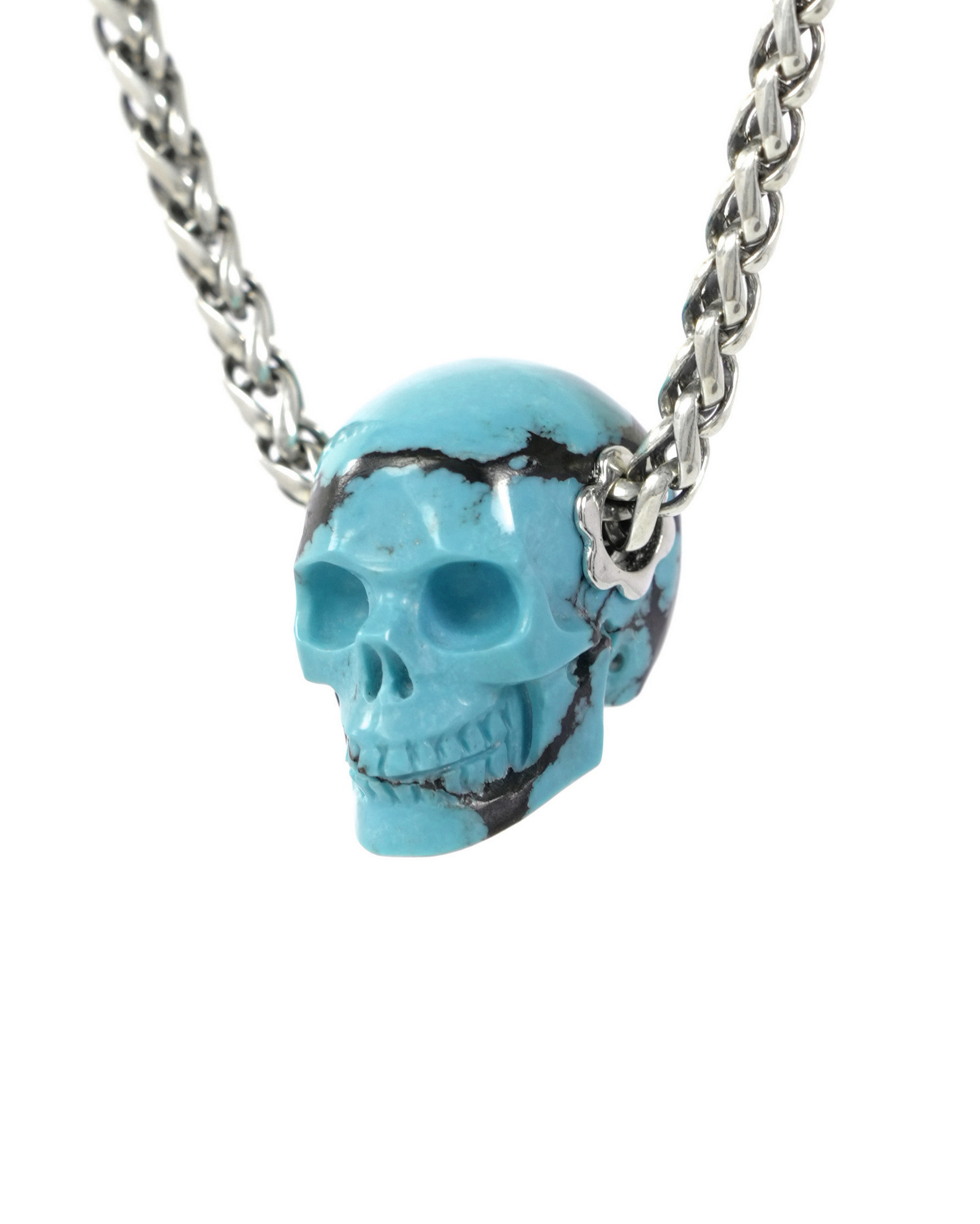 Gemstone Necklace of 0.7" Turquoise Hand Carved Crystal Skull Pendant, Skull Jewelry