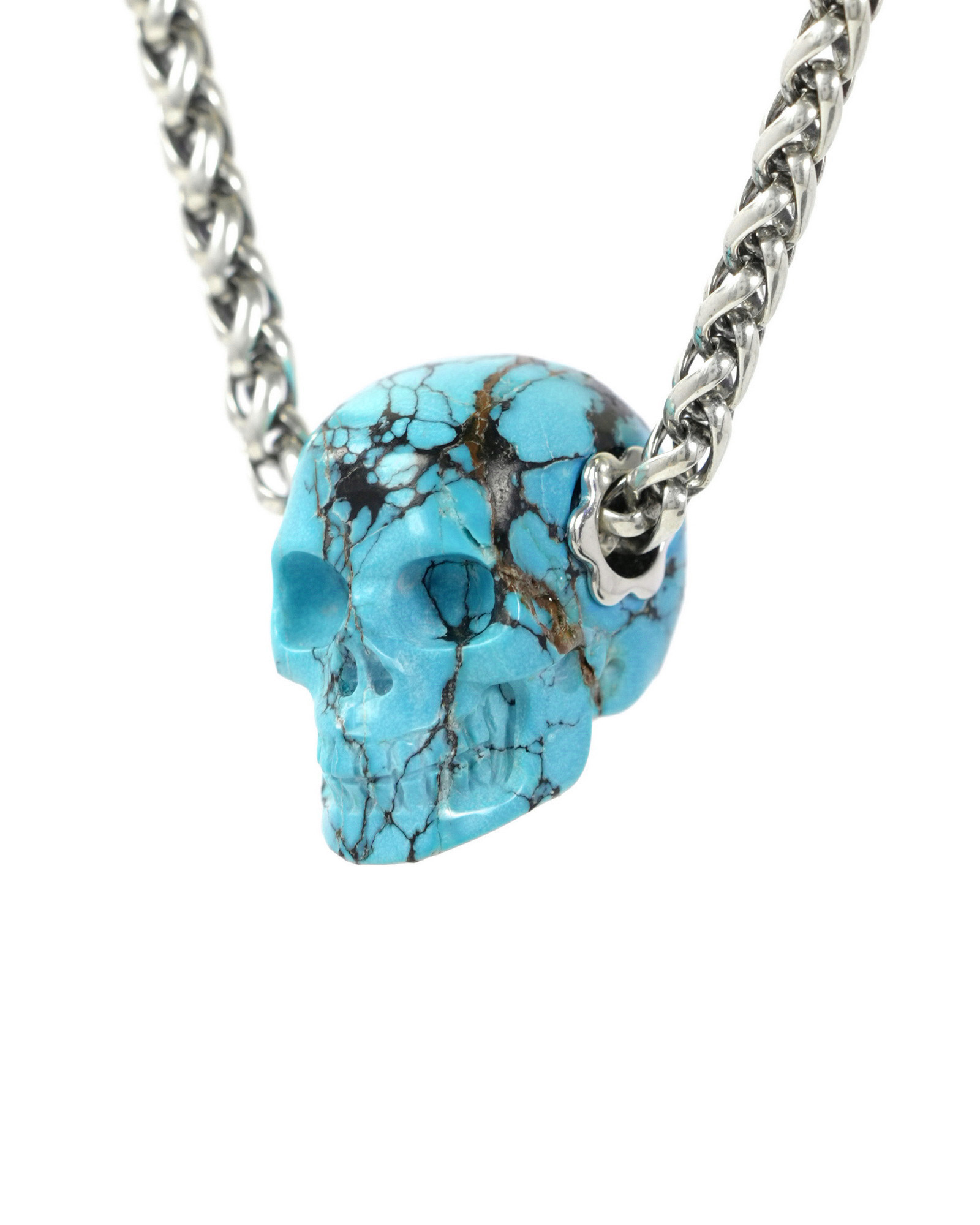 Gemstone Necklace of 0.7" Spiderweb Turquoise (Matrix Turquoise) Hand Carved Crystal Skull Pendant, Skull Jewelry