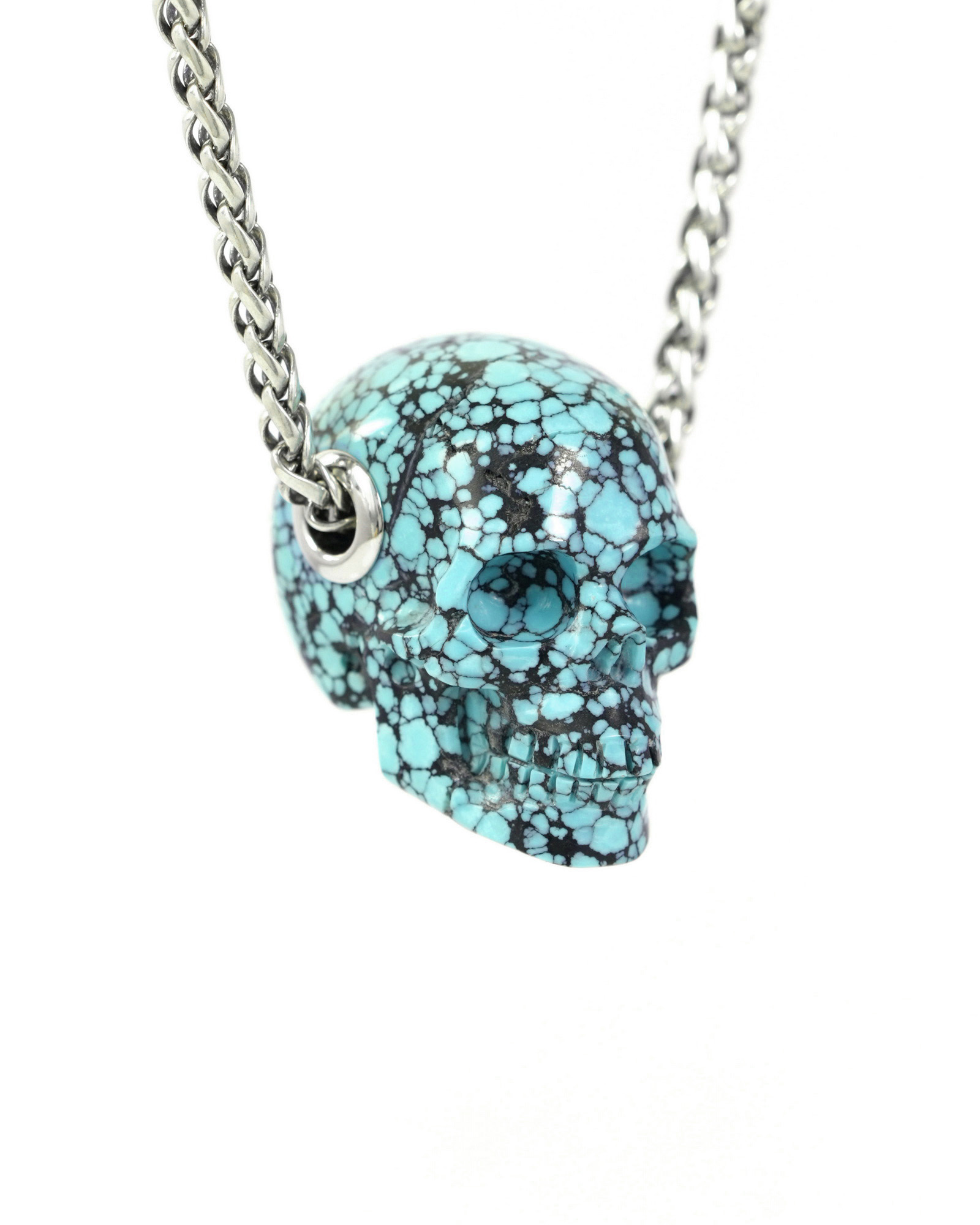 Gemstone Necklace of 1.1" Turquoise Hand Carved Crystal Skull Pendant, Skull Jewelry