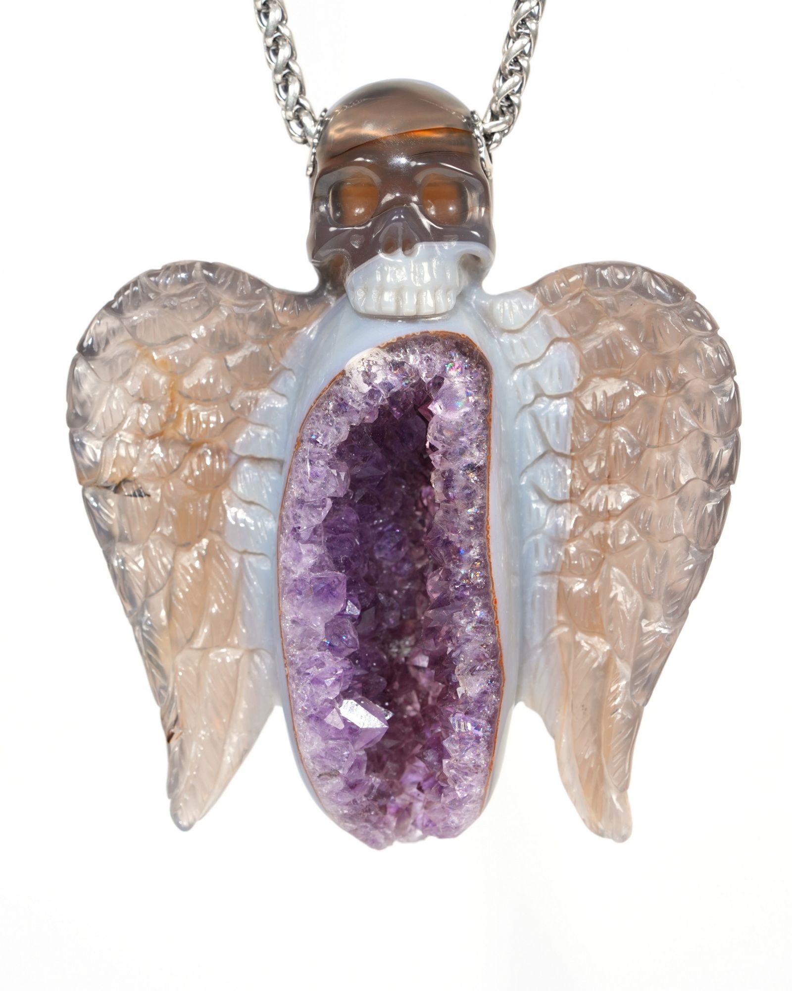 Necklace of 2.8" Agate Amethyst Druse Hand Carved Crystal Skull Pendant, Skull Jewelry