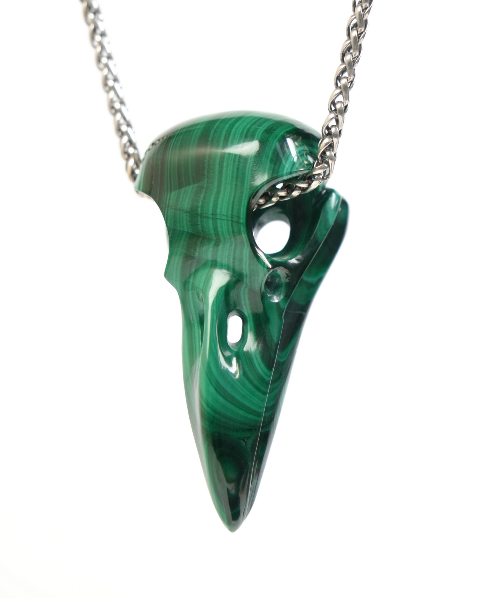 Night Pathfinder - Gemstone Necklace of 2.3" Malachite Hand Carved Crystal Skull Pendant, Skull Jewelry
