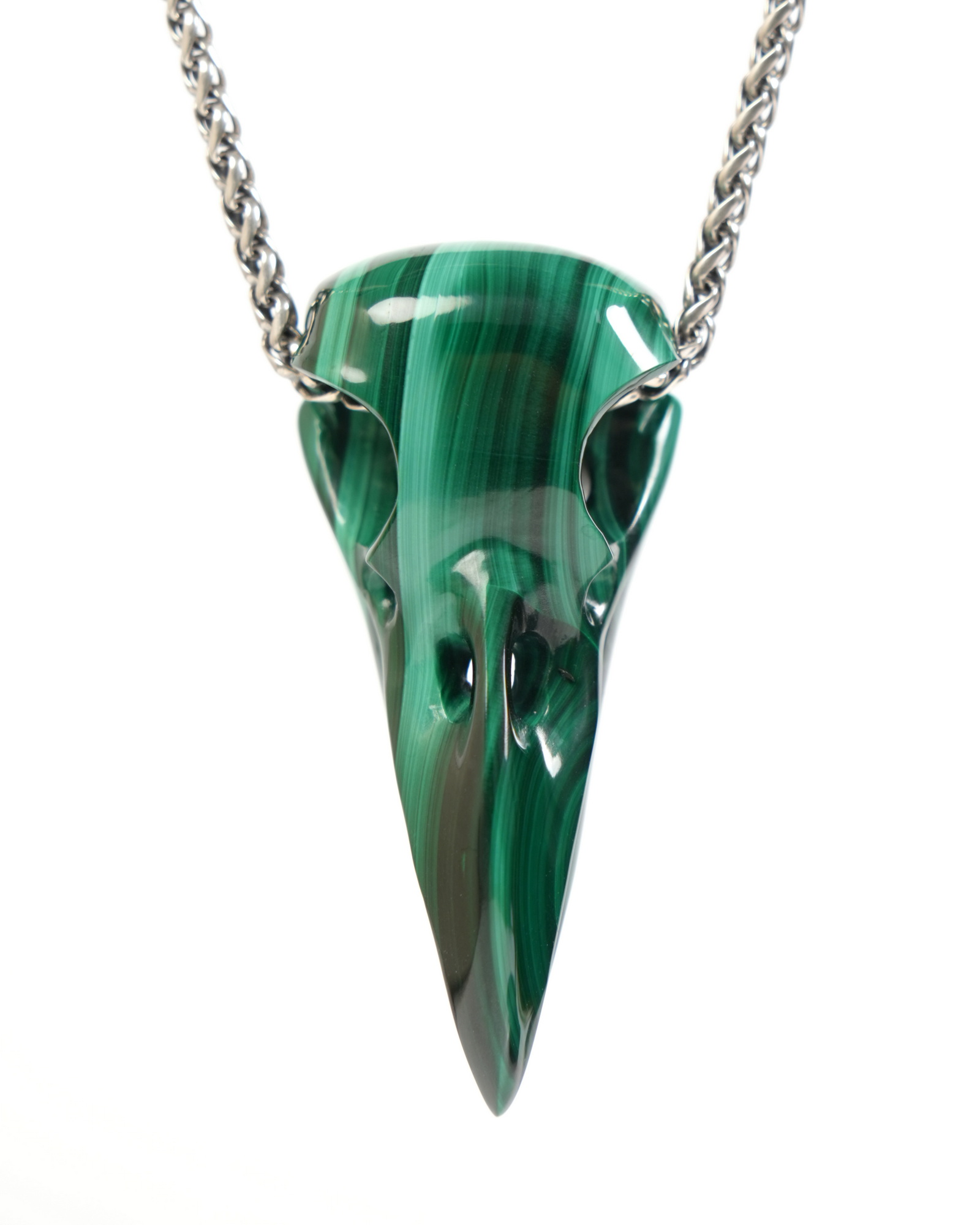 Night Pathfinder - Gemstone Necklace of 2.3" Malachite Hand Carved Crystal Skull Pendant, Skull Jewelry