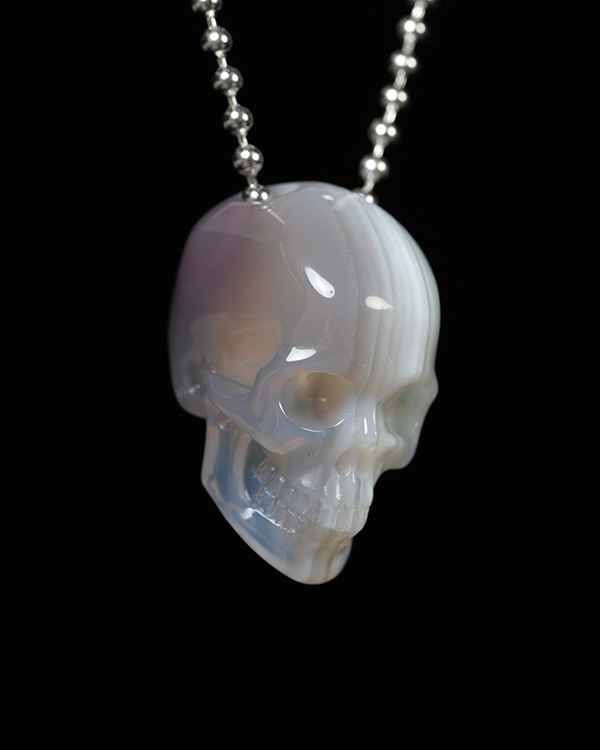 Hollow Essence - Necklace of 1.4" Banded Agate Hand Carved Crystal Skull Pendant, Skull Jewelry