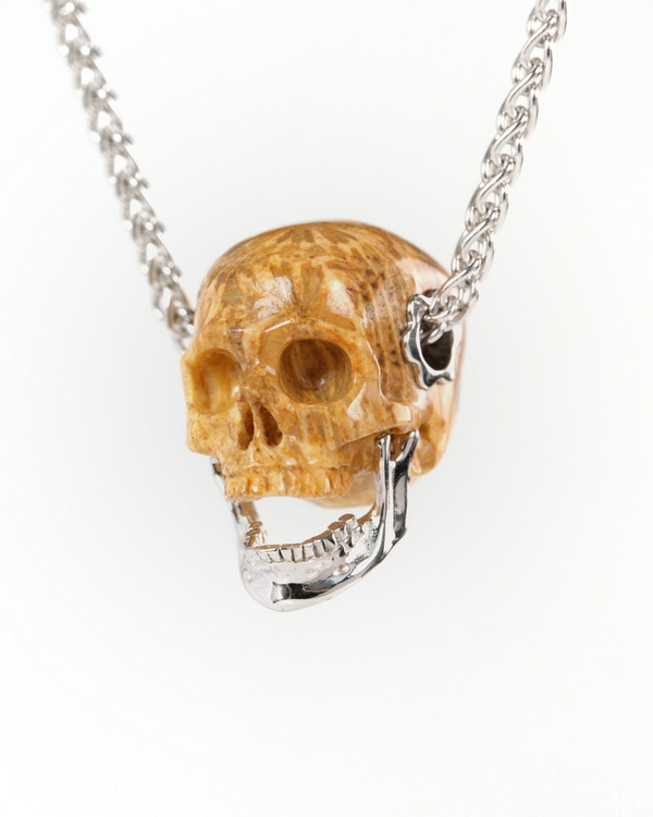 Necklace of 0.9" Coral Fossil Hand Carved Crystal Skull Pendant, Crystal Healing Skull Jewelry, for Women & Men