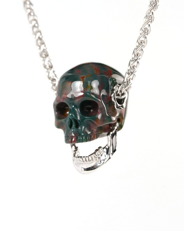 Necklace of 0.9" Bloodstone Hand Carved Crystal Skull Pendant, Crystal Healing Skull Jewelry, for Women & Men