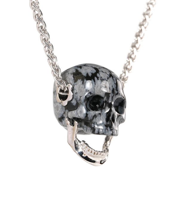 Necklace of 0.9" Snowflake Obsidian Hand Carved Crystal Skull Pendant, Crystal Healing Skull Jewelry, for Women & Men
