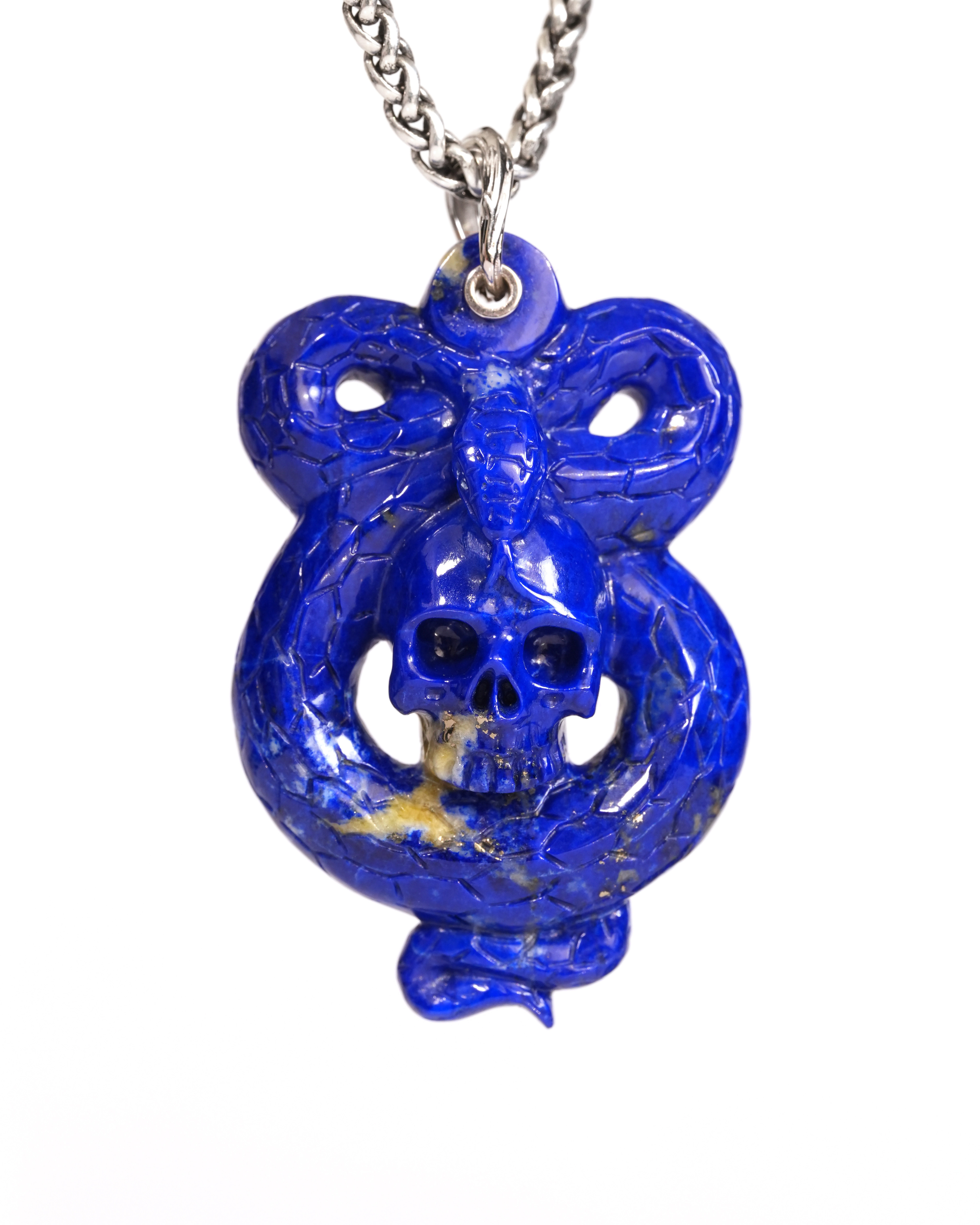 Gemstone Necklace of 1.9" Lapis Lazuli Hand Carved Crystal Skull and Snake Pendant, Skull Jewelry