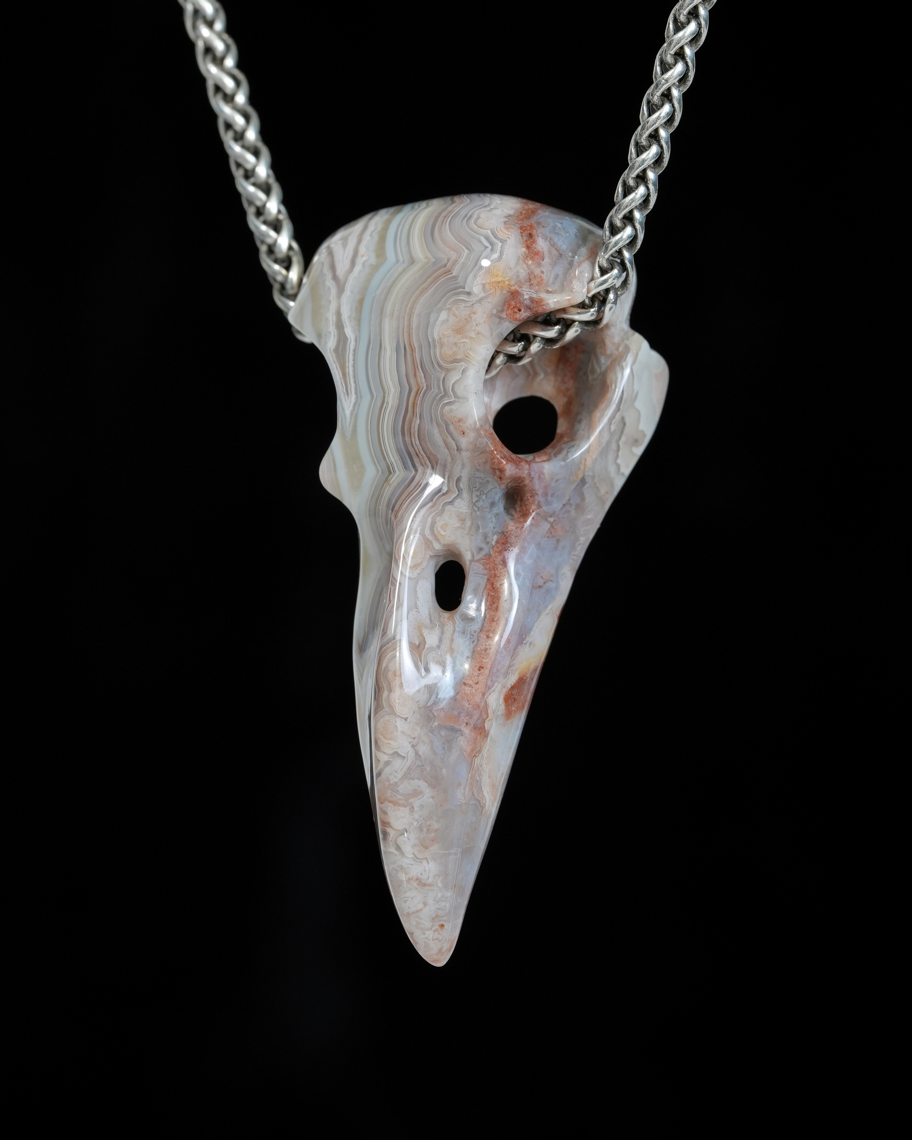 Gemstone Necklace of 2.3" Red Crazy Lace Agate Hand Carved Crystal Skull Pendant, Skull Jewelry