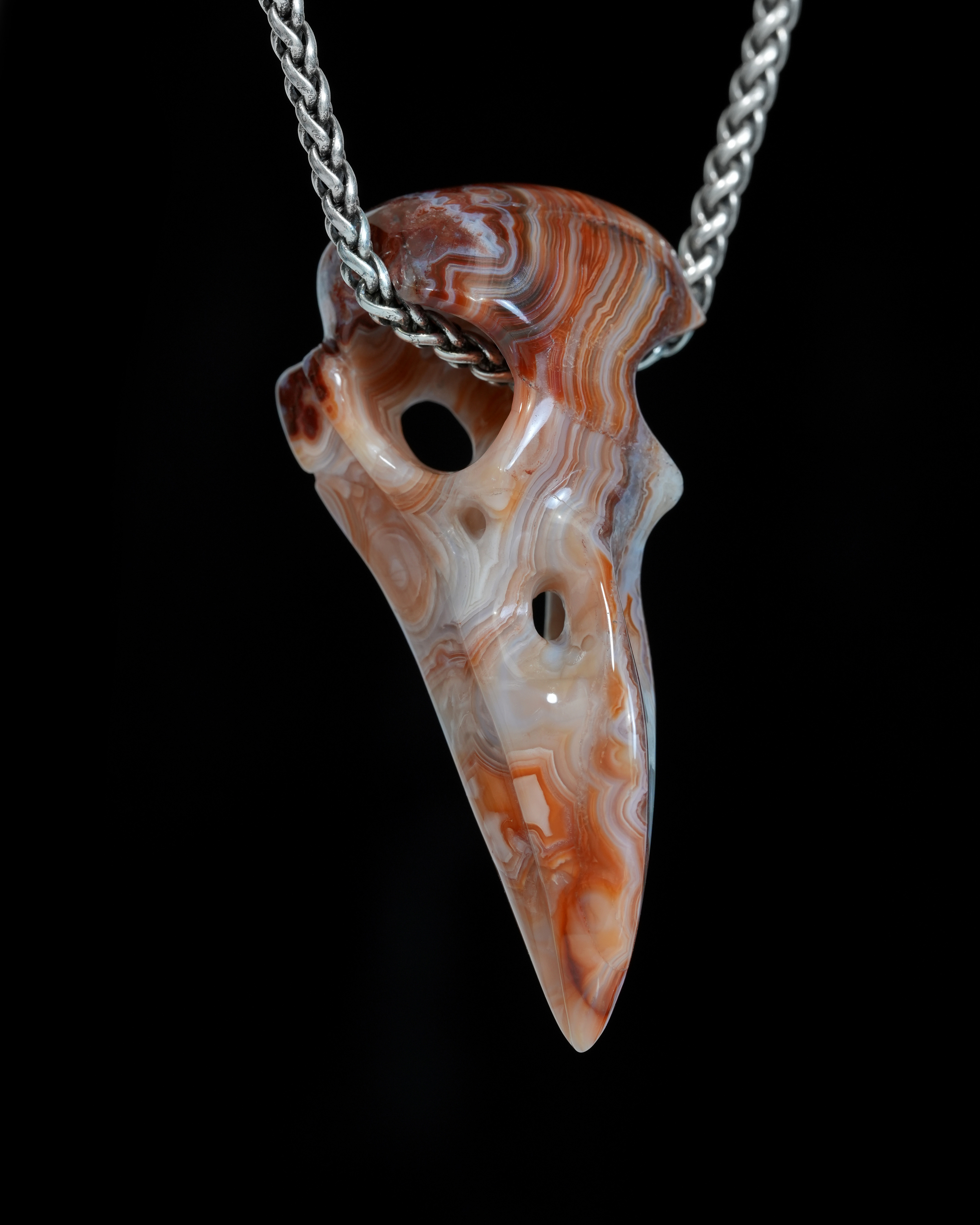 Gemstone Necklace of 2.3" Red Crazy Lace Agate Hand Carved Crystal Skull Pendant, Skull Jewelry