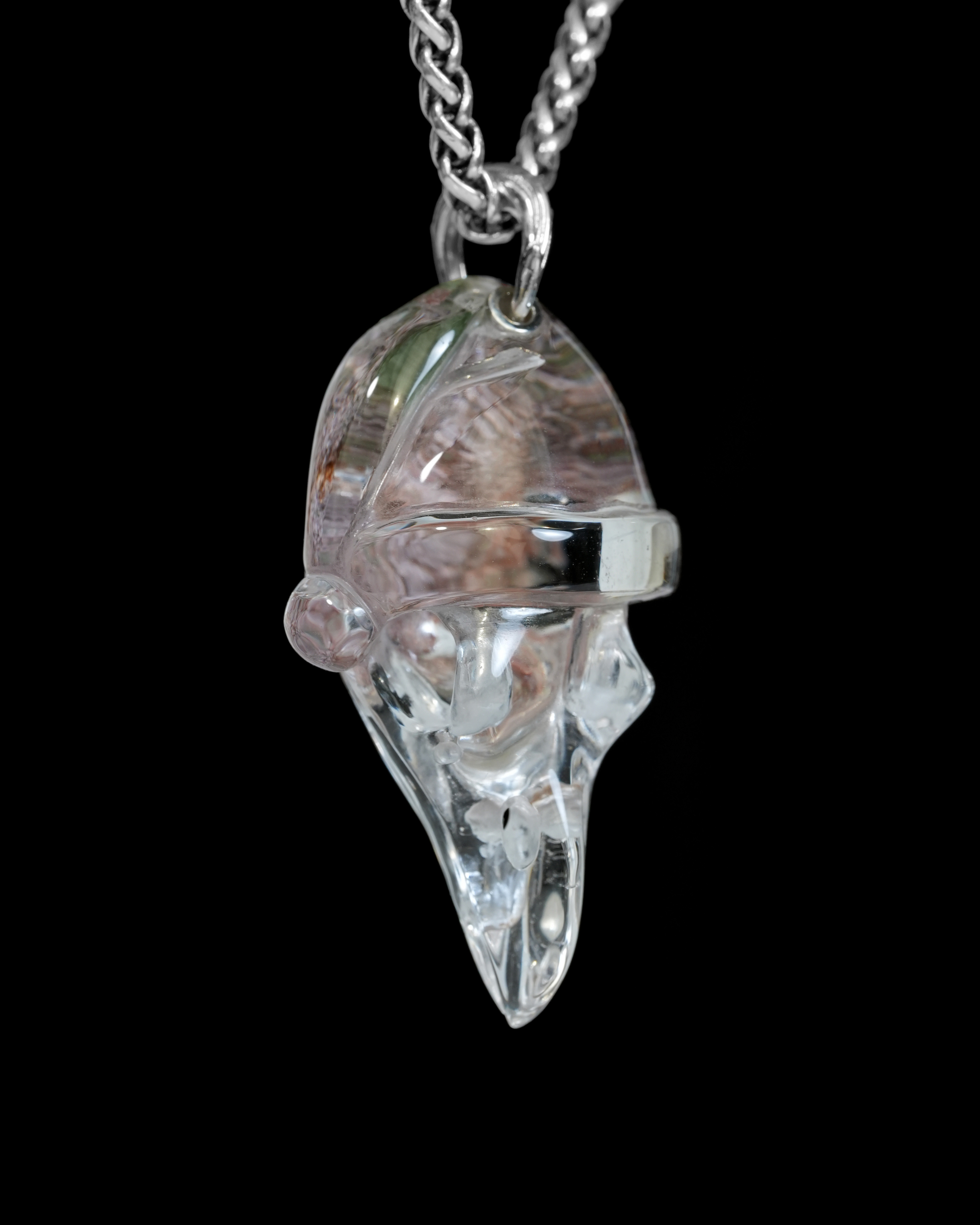 Necklace of 1.9" Phantom Quartz Rock Crystal Hand Carved Crystal Skull Pendant, Skull Jewelry
