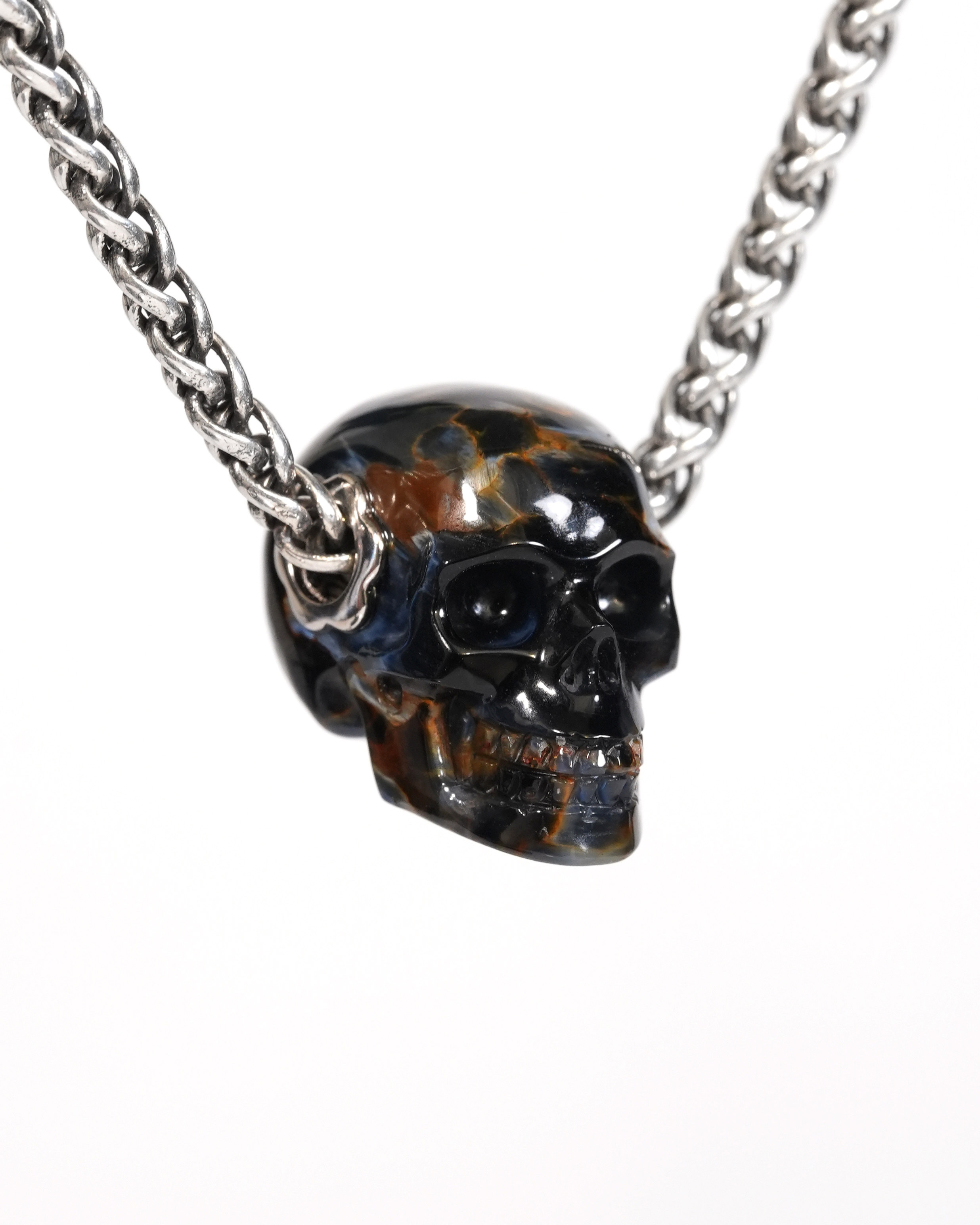 Necklace of 0.7" Pietersite Hand Carved Crystal Skull Pendant, Skull Jewelry