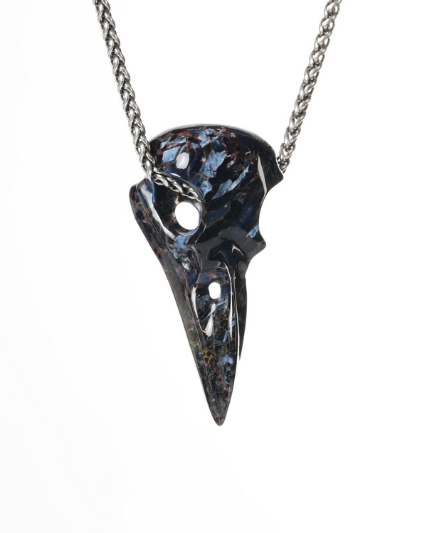 Night Pathfinder - 2.0" Pietersite Hand Carved Crystal Raven Skull Pendant, Crystal Healing Skull Jewelry, for Women & Men
