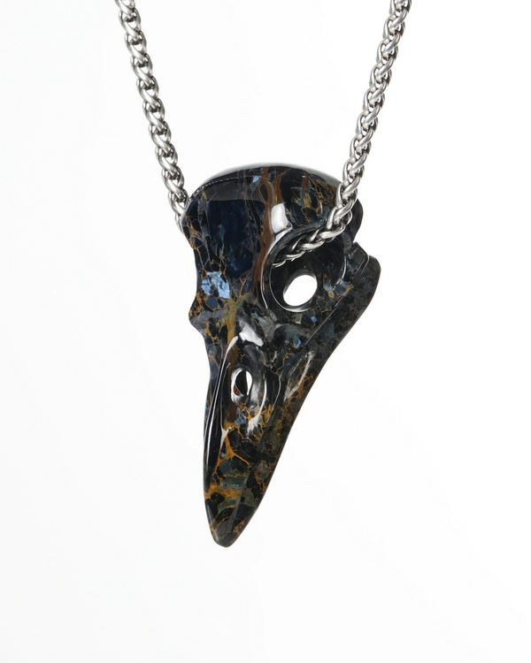 Night Pathfinder - Necklace of 2.0" Pietersite Hand Carved Crystal Raven Skull Pendant, Skull Jewelry