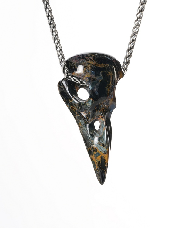 Night Pathfinder - Necklace of 2.0" Pietersite Hand Carved Crystal Raven Skull Pendant, Skull Jewelry