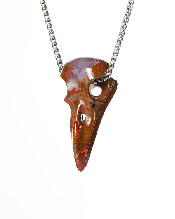 Night Pathfinder - Necklace of 2.0" Red Desert Agate Hand Carved Crystal Raven Skull Pendant, Skull Jewelry