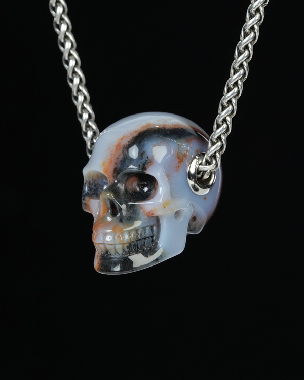 Necklace of 1.2" Black Zebra Agate Hand Carved Crystal Skull Pendant, Skull Jewelry