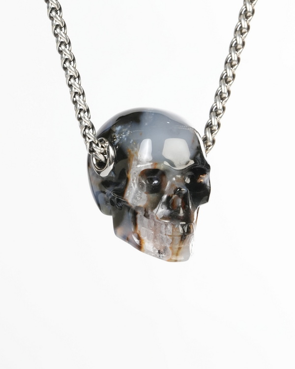 Necklace of 1.2" Black Zebra Agate Hand Carved Crystal Skull Pendant, Skull Jewelry