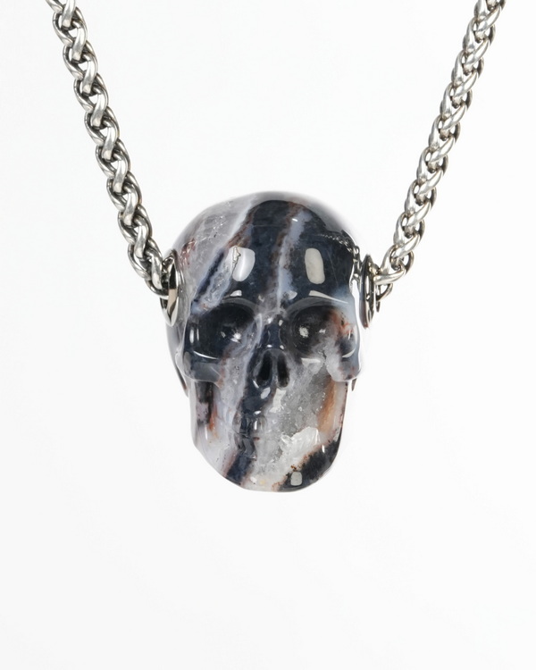 Necklace of 1.2" Black Zebra Agate Hand Carved Crystal Skull Pendant, Skull Jewelry