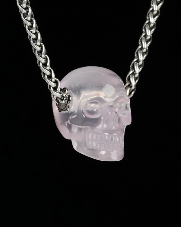 Necklace of 0.9" Rose Quartz Hand Carved Crystal Skull Pendant, Skull Jewelry
