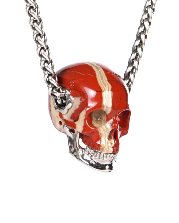 Necklace of 0.9" Red Jasper Hand Carved Crystal Skull Pendant with Silver Jaw, Skull Jewelry