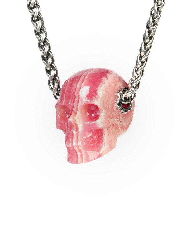 Necklace of 0.9" Rhodochrosite Hand Carved Crystal Skull Pendant, Skull Jewelry
