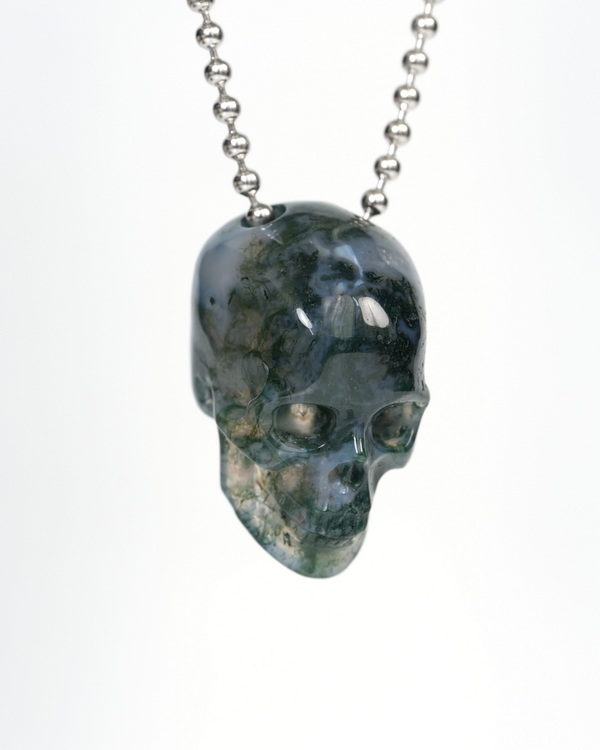 Hollow Essence - Necklace of 1.4" Green Moss Agate Hand Carved Crystal Skull Pendant, Skull Jewelry
