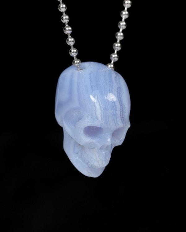 Hollow Essence - Gemstone Necklace of 1.4" Blue Lace Agate Hand Carved Crystal Skull Pendant, Skull Jewelry