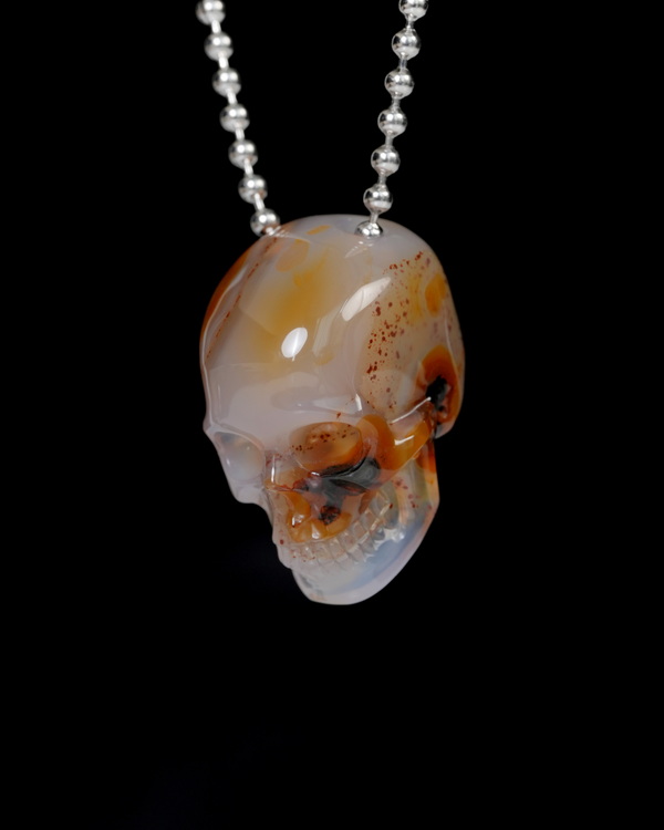 Hollow Essence - Necklace of 1.4" Agate Hand Carved Crystal Skull Pendant, Skull Jewelry