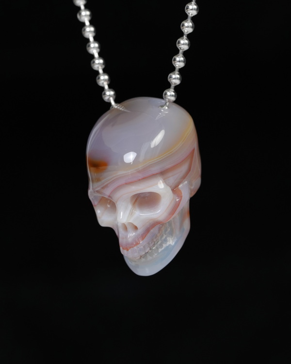 Necklace of 1.4" Agate Hand Carved Crystal Skull Pendant, Skull Jewelry