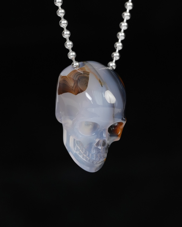 Hollow Essence - Necklace of 1.4" Agate Hand Carved Crystal Skull Pendant, Skull Jewelry