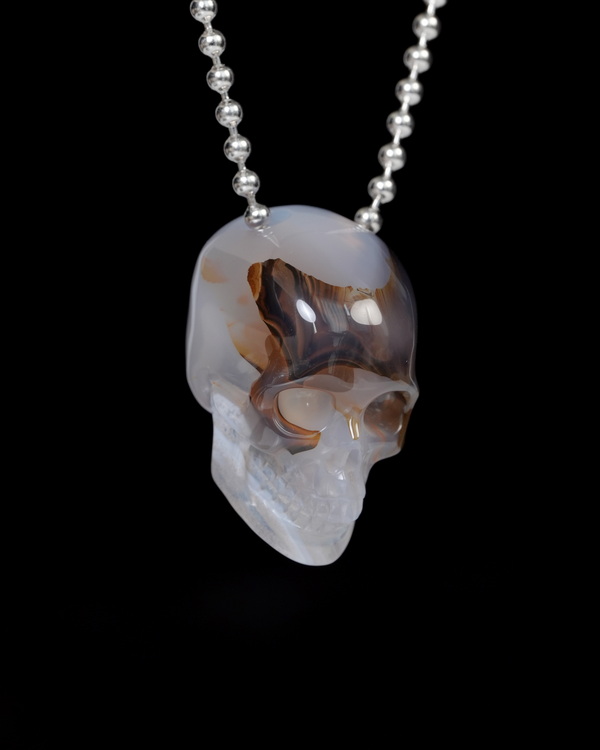 Hollow Essence - Necklace of 1.4" Agate Hand Carved Crystal Skull Pendant, Skull Jewelry